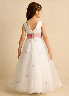 Azazie Cricket Flower Girl Dresses Ivory Rosette Ball-Gown Pleated Matte Satin Dress image2