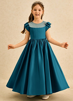 Azazie Toffee Abiti da Ragazza di Fiori Abito Stile Principessa in Raso Opaco Fiocco Blu Inchiostro image3