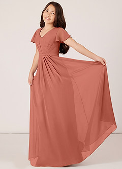 Azazie Peony Junior Clay A-Line Pleated Chiffon Dress image4