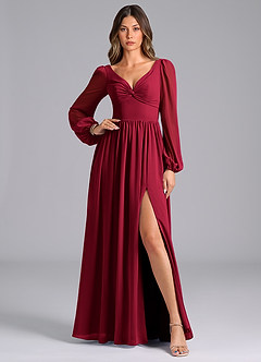 Azazie Zeya Bridesmaid Dresses Burgundy A-Line Long Sleeve Chiffon Dress image1