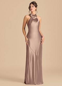 Azazie Velli Robes de demoiselle d'honneur Robe Fourreau en Satiné métallisé Col Haut Taupe image2
