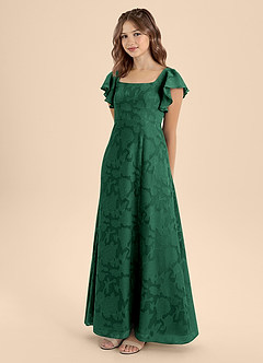 Azazie Bondi Junior Vestido de Verde Oscuro de Devorado Floral de Corte en A con Lazo image3