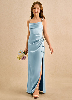 Azazie Bundt Girls Formal 플라워 걸 드레스 A라인 주름진 스트레치 새틴 플로어 길이 드레스 image5