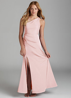 Azazie Maron Junior Blushing Pink A-Line Pleated Stretch Satin Dress image1