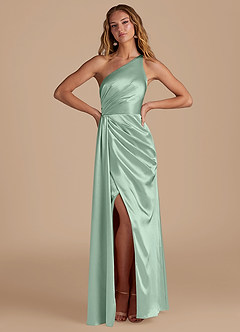 Azazie Mika Bridesmaid Dresses Agave Sheath One Shoulder Metallic Satin Dress image3