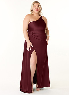 Azazie Maron Robes de demoiselle d'honneur Robe Trapèze en Satin extensible Epaule unique Cabernet image7