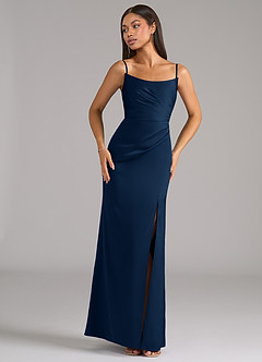 Azazie Marla Vestidos de damas de honor Vestido de Azul Marino Oscuro de Satén Elástico de Corte Recto Convertible con Sin tirantes image7