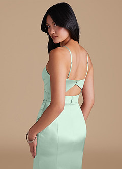 Azazie Shania Bridesmaid Dresses Agave Sheath Pleated Metallic Satin Dress image4