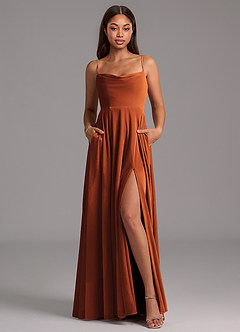 Azazie Elle Bridesmaid Dresses Burnt Orange A-Line with Pockets Velvet Dress image1