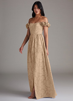 Azazie Autumn Bridesmaid Dresses Champagne A-Line Off the Shoulder Floral Burnout Convertible Dress image4