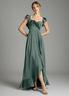 Azazie Lyra Bridesmaid Dresses Sea Moss A-Line Off the Shoulder Stretch Satin Convertible Dress image3