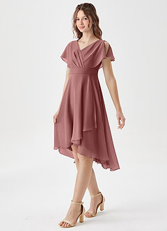 Azazie Graciela Junior Robe Trapèze en Mousseline de soie Plissée Rose Du Désert image4