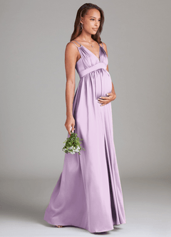 Azazie Emree Maternity Bridesmaid Dresses A-Line Stretch Satin Floor-Length Dress with Pockets image4
