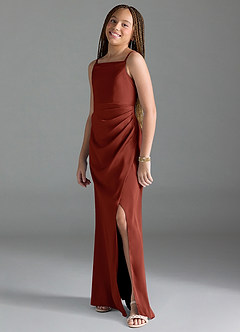 Azazie Leonis Junior A-Linie Plissee Stretch-Satin Kleid Terrakotta image4