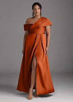 Azazie Milton Vestidos para mãe da noiva Vestido Laranja Queimada de Cetim elástico de Linha A com Plissado image9