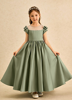 Azazie Toffee vestidos de niña de las flores Vestido de Pistacho de Satin Mate de Corte Princesa con Lazo image2