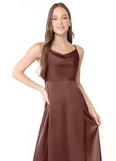 Azazie Naomie At-home Try On Dresses Terracotta A-Line Cowl Neckline Side Slit Stretch Satin Dress image5