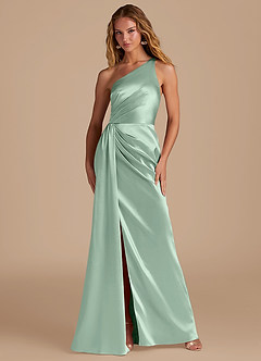 Azazie Mika Bridesmaid Dresses Agave Sheath One Shoulder Metallic Satin Dress image1