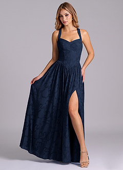 Azazie Francis Bridesmaid Dresses Dark Navy A-Line Corset Floral Burnout Dress image4