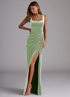 Azazie Mero Bridesmaid Dresses Dusty Sage Sheath Pleated Velvet Dress image1