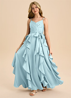 Azazie Peyton Junior Cloud Blue A-Line Pleated Stretch Satin Dress image5