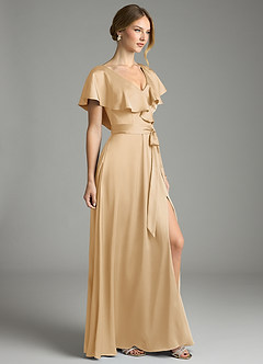 Azazie Lainey Bridesmaid Dresses Gold A-Line with Pockets Stretch Satin Dress image5