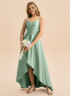 Azazie Eirlys Junior Vestido Agave de Cetim elástico de Linha A com Plissado image4