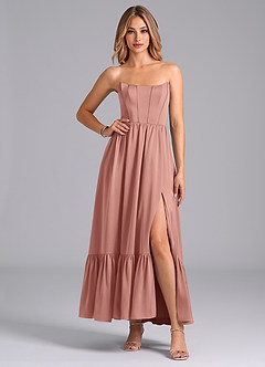 Azazie Leilana Vestidos de damas de honor Vestido de Rosetón de Satén Elástico de Corte en A con Corsé image4