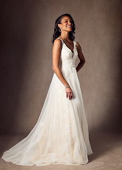 Azazie Jasmina Wedding Dresses Diamond White Champagne A-Line Sequins Tulle Dress image2