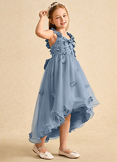 Azazie Tweety Robe Demoiselle D'honneur Fillette Robe Trapèze en Tulle Dentelle Bleu Poussiéreux image1