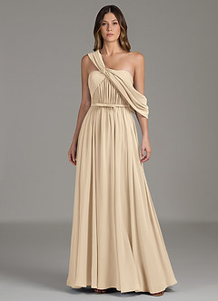 Azazie Nyah Bridesmaid Dresses Champagne A-Line Off the Shoulder Chiffon Dress image1
