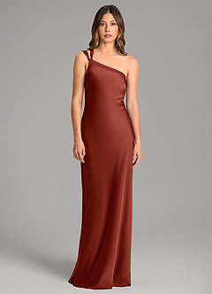 Azazie Monroe Robes de demoiselle d'honneur Robe Sirène en Satin extensible Ue épaule Terracotta image4