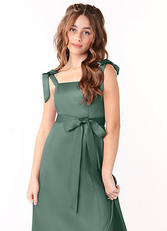 Azazie Barbara Junior Eucalyptus A-Line Bow Stretch Satin Dress image5