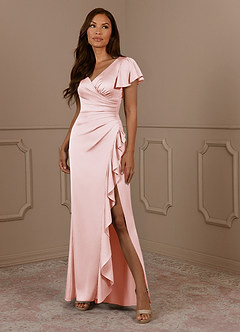 Azazie Roya Mother of the Bride Dresses Blushing Pink Mermaid V-Neck Pleated Stretch Satin Dress image1