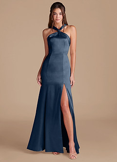 Azazie Rue Bridesmaid Dresses Dark Navy Mermaid Pleated Metallic Satin Dress image1