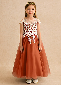 Azazie Dandelion Flower Girl Dresses Burnt Orange Ball-Gown Lace Dress image4