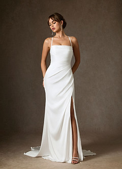 Azazie Kierra Wedding Dresses Diamond White Mermaid Pleated Stretch Satin Dress image1