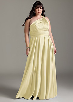 Azazie Charlize Bridesmaid Dresses Lemon Sorbet A-Line One Shoulder Stretch Satin Dress image9