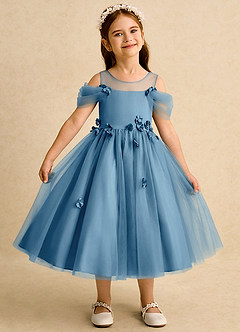 Azazie Juni Flower Girl Dresses Steel Blue Ball-Gown Pleated Tulle Dress image1
