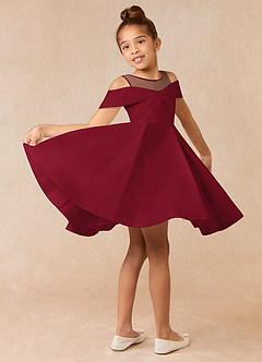 Azazie Shirin Flower Girl Dresses Burgundy A-Line Off the Shoulder Matte Satin Dress image4