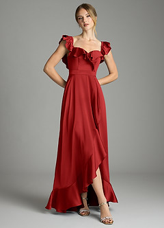 Azazie Lyra Bridesmaid Dresses Pomegranate A-Line Off the Shoulder Stretch Satin Convertible Dress image3