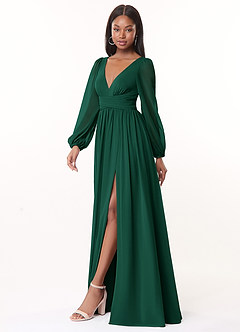 Azazie Norah Bridesmaid Dresses Emerald A-Line V-Neck Long Sleeve Chiffon Dress image4