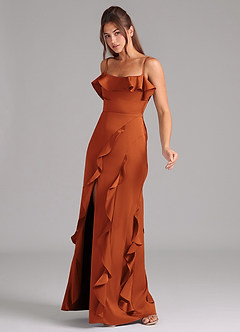 Azazie Malia Bridesmaid Dresses Cinnamon A-Line Side Slit Stretch Satin Dress image4
