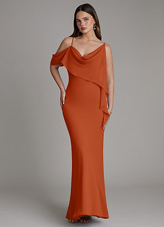 Azazie Yura Vestidos de damas de honor Vestido Naranja Quemada de Gasa de Corte Sirena con Hombros descubiertos image4