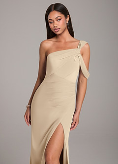 Azazie Wynter Bridesmaid Dresses Champagne Sheath Off the Shoulder Chiffon Dress image7