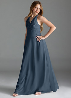 Azazie Tessie Junior A-Linie Plissee Chiffon Kleid Neptunblau image3