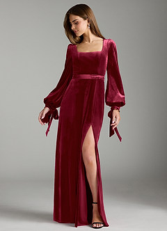 Azazie Leonia Bridesmaid Dresses Burgundy A-Line Long Sleeve Velvet Dress image3