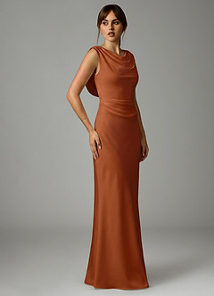 Azazie Kieryn Vestidos de damas de honor Vestido de Cobre de Satén Elástico de Corte Sirena con Plisado image4