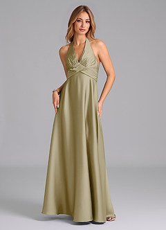 Azazie Tessie Vestidos de damas de honor Vestido de Musgo Verde de Satén Elástico de Corte en A con Plisado image6