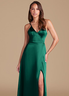 Azazie Maksim Bridesmaid Dresses Emerald A-Line Metallic Satin Dress image3